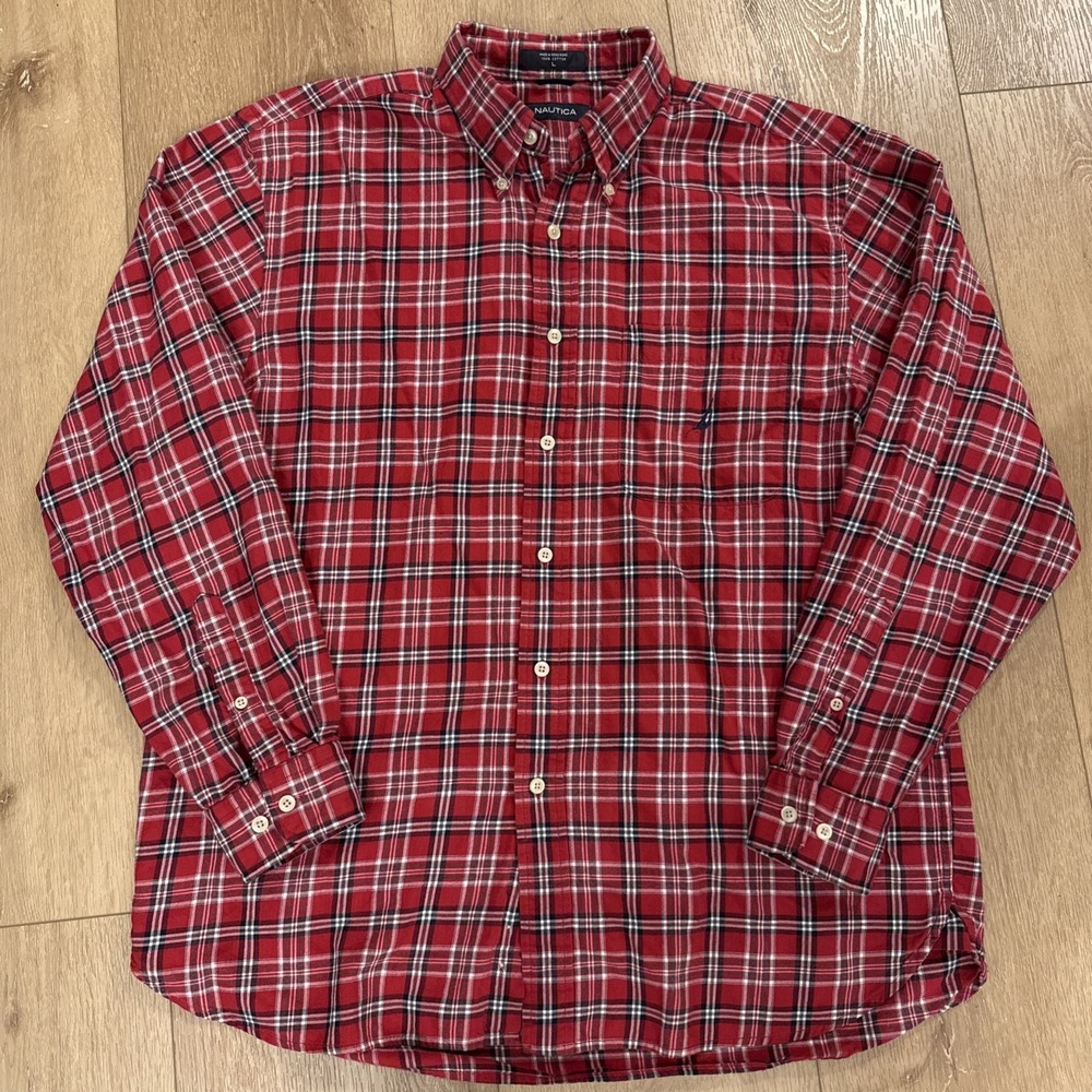 Nautica Men's Long Sleeve Flannel‎ Button-Down Shirt Size L , Red/Black EUC
